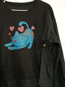 Cute Blue Cat Black Long Sleeve Top