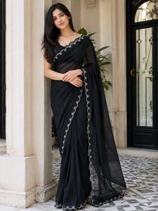 Elegant Black Saree with Scalloped Border
