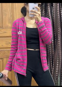 Pink & Grey Striped Zip-Up Hoodie
