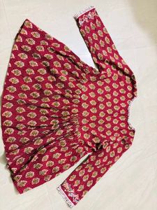 Red Printed Kurta Set with Lace Trim