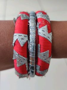 Red &amp; Silver Embellished Bangles