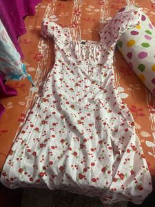 Chic White Cherry Print Midi Dress
