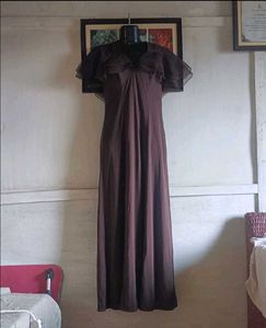 Elegant Brown Maxi Dress with Ruffle Sleeves