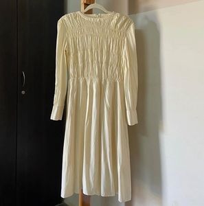 Cream Smocked Long Sleeve Dress