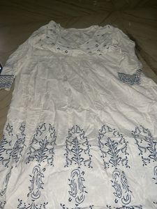 White Kurta with Blue Block Print