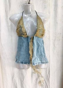69. Denim &amp; Gold Chain Halter Top