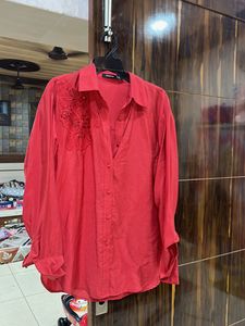 Red Embellished Button-Down Shirt