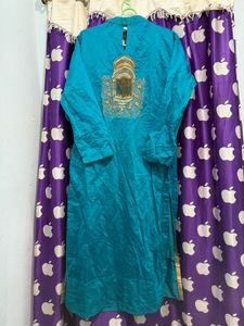 Teal Kurta with pant Embellished Neckline