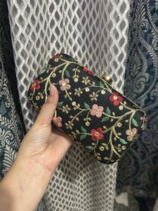 Embroidered Black Clutch