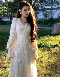korean fur White Lace Detail Long Dress