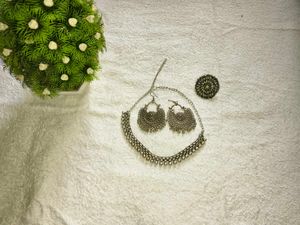 Oxidised Silver Necklace Earring Ring Set