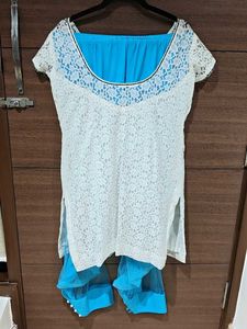 Designer White and Blue Kurta Set