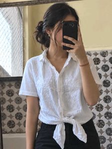 White Embroidered Tie-Front Shirt
