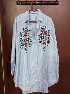 Blue Striped Embroidered Tunic Top