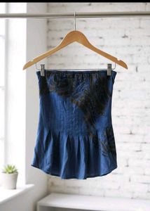 Blue Strapless Ruffled Top