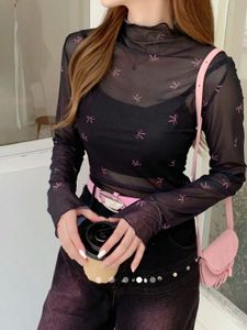 Sheer Mesh Top with Bow Print
