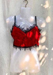 431110. Red Velvet Lace Trim Cami Top