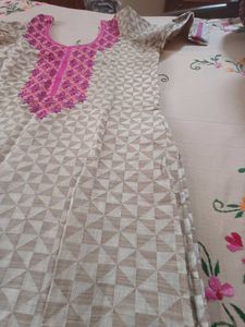 Beige with Pink Embroidery Cotton Kurta