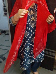 Vibrant Red Dupatta with Embellished Kurti