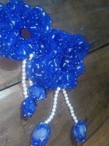 Boho Blue Floral Scrunchies with Pearl Dangles