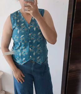 Boho Blue Floral Button-Up Vest