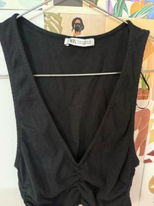 Zara Black Ruched V-Neck Tank Top