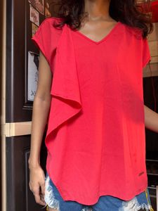 Chic Coral Ruffled V-Neck Top