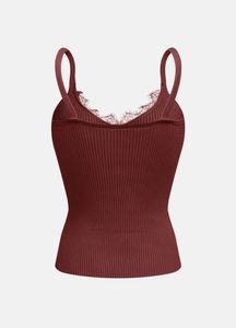 Y2K Ribbed Lace Trim brown Cami Top