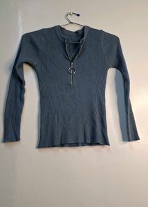 Slate Blue Quarter-Zip Ribbed Top