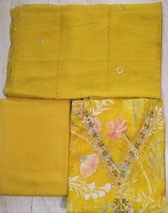 Yellow modal silk handwork suit with  muslin d