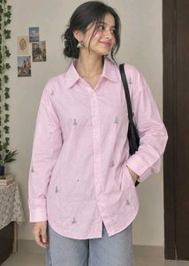Cute Pink Embroidered Button-Up Shirt