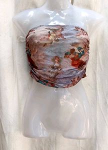 I. Sheer Ruched Tube Top with Cherub Print