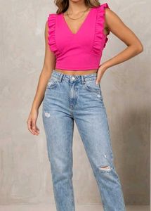 Fuchsia Ruffle Trim Crop Top