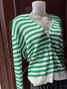 Green &amp; White Striped Cardigan