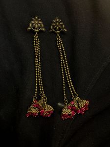 Ethnic Jhumka Earrings with Pink Beads