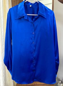 Royal Blue Satin Button-Down Shirt
