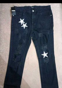 Black Distressed Jeans with Star Print