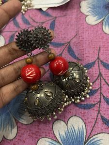 Boho Red Jhumka Earrings