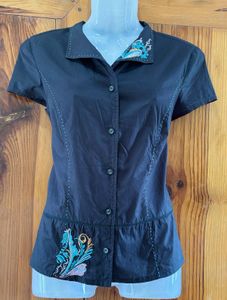 Embroidered Black Y2K Short Sleeve Blouse
