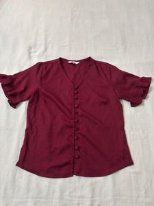Maroon Button-Up Ruffle Sleeve Top