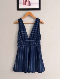 Pull&amp;Bear Navy Pinstripe V-Neck Romper