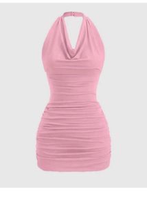 Chic Pink Ruched Halter Dress