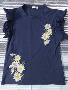 Navy Daisy Embroidered Ruffle Sleeve Top