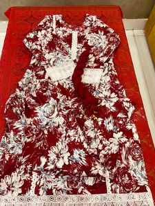 Maroon Floral Print Kurta with Lace