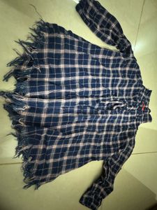 Blue Plaid Frayed Long Sleeve Shirt