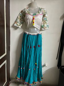 Vibrant Blue Lehenga Choli with Pink Dupatta