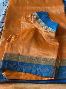 Elegant Orange Saree with Blue Border