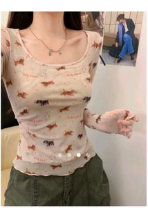 Cute Dog Print Long Sleeve Mesh Top