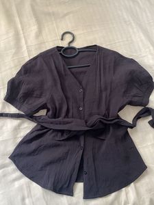 black  Button-Up Blouse with Belt
