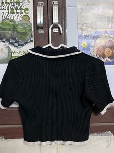 Black Ribbed Polo Crop Top